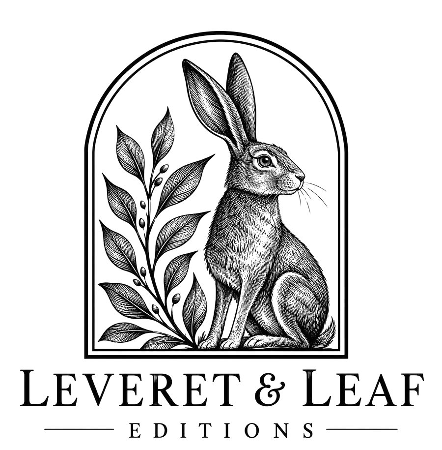 Leveret & Leaf Editions — engraving of a hare seated beside a leafy branch, beneath an arch